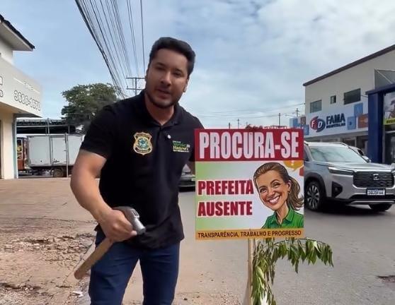 “PROCURA-SE PREFEITA AUSENTE”: vereador expõe buraco com água vazando e cobra gestão de Flávia Moretti